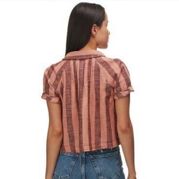 NWOT WE THE FREE Brown & Copper Striped Boho Chic Button Short Sleeve Crop Top - Picture 2 of 5